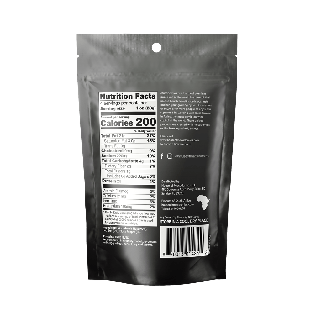 Dry Roasted Macadamia Nuts with Namibian Sea Salt & Black Pepper (4 oz x 6 Bags)