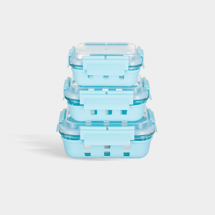 Genicook High-Dome Rectangular Glass Container Set with Silicone Sleeves