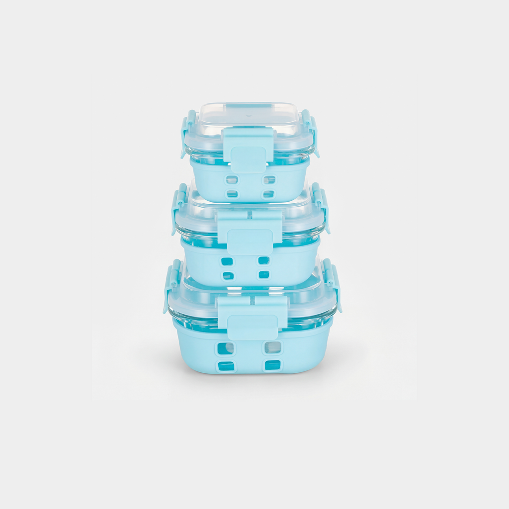 Genicook High-Dome Square Glass Container Set with Silicone Sleeves