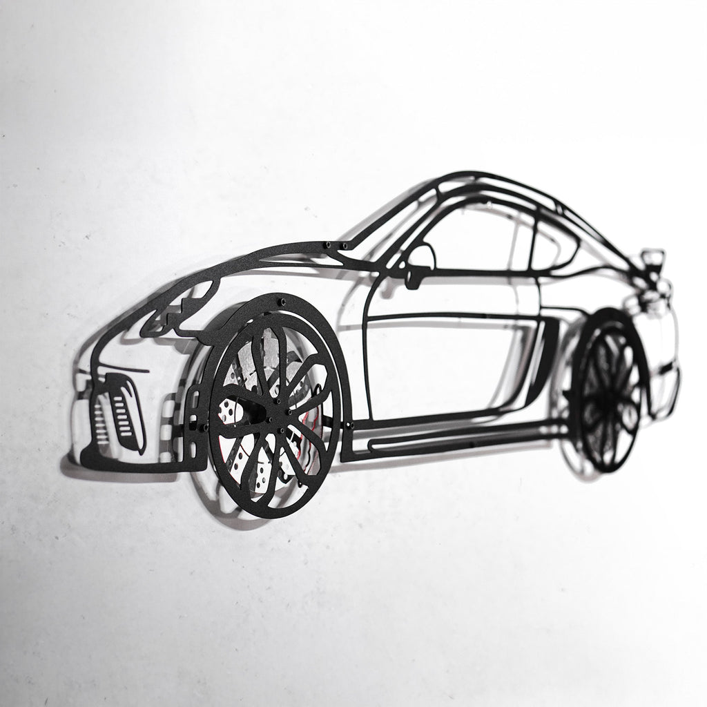 WONDERWALL 'L’Atelier Fun Collection' Porsche Cayman GT4 Wall Art – Steel Silhouette with Spinning Wheels-KAFMEKA007