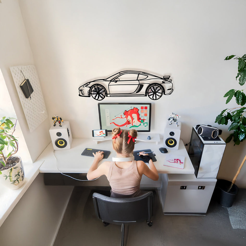 WONDERWALL 'L’Atelier Fun Collection' Porsche Cayman GT4 Wall Art – Steel Silhouette with Spinning Wheels-KAFMEKA007