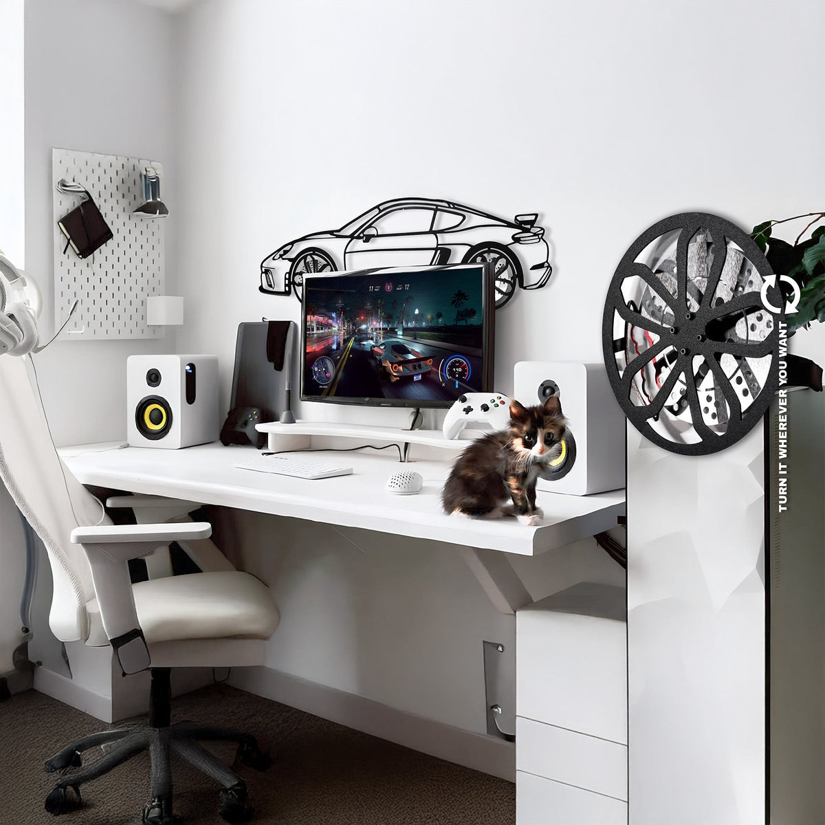 WONDERWALL 'L’Atelier Fun Collection' Porsche Cayman GT4 Wall Art – Steel Silhouette with Spinning Wheels-KAFMEKA007