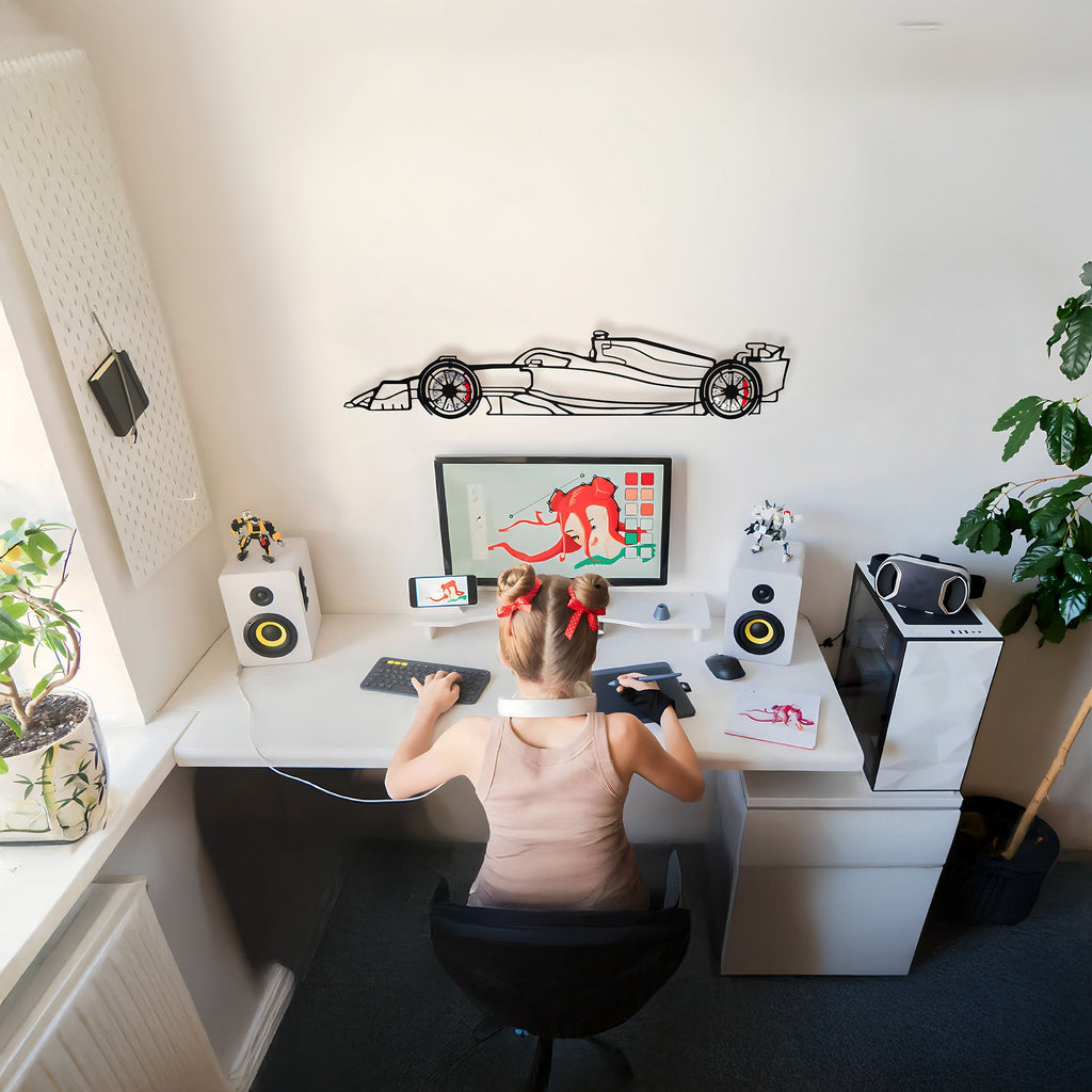 WONDERWALL 'L’Atelier Fun Collection' Formula 1 Wall Art – Steel Silhouette Racing Car with Spinning Wheels-KAFMEKA023