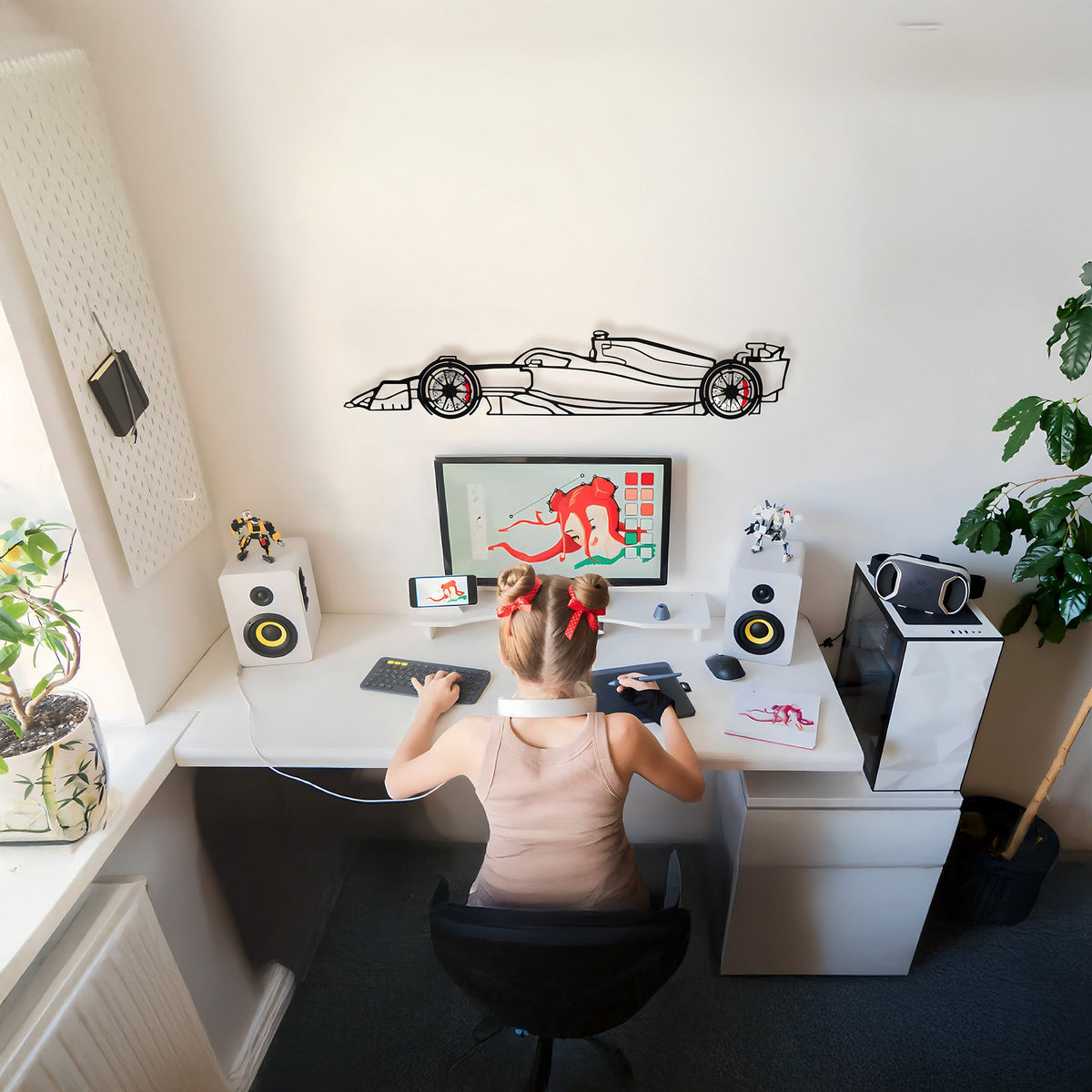 WONDERWALL 'L’Atelier Fun Collection' Formula 1 Wall Art – Steel Silhouette Racing Car with Spinning Wheels-KAFMEKA023