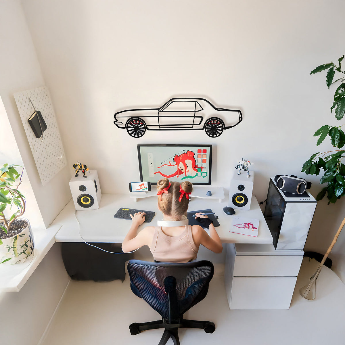 WONDERWALL 'L’Atelier Fun Collection' 1964 Ford Mustang Wall Art – Classic Steel Silhouette with Spinning Wheels-KAFMEKA025