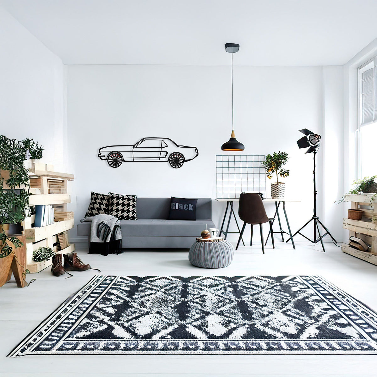 WONDERWALL 'L’Atelier Fun Collection' 1964 Ford Mustang Wall Art – Classic Steel Silhouette with Spinning Wheels-KAFMEKA025