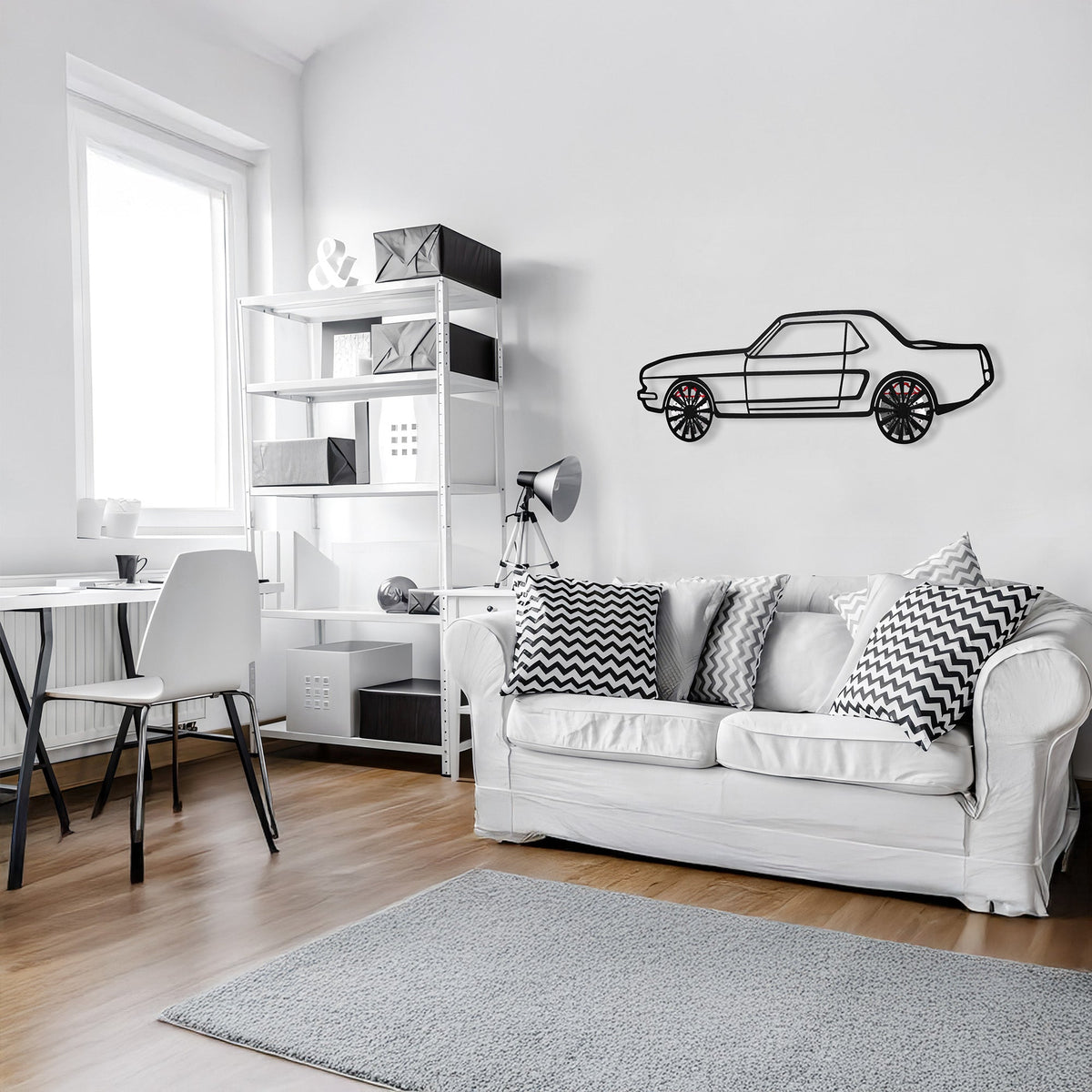 WONDERWALL 'L’Atelier Fun Collection' 1964 Ford Mustang Wall Art – Classic Steel Silhouette with Spinning Wheels-KAFMEKA025