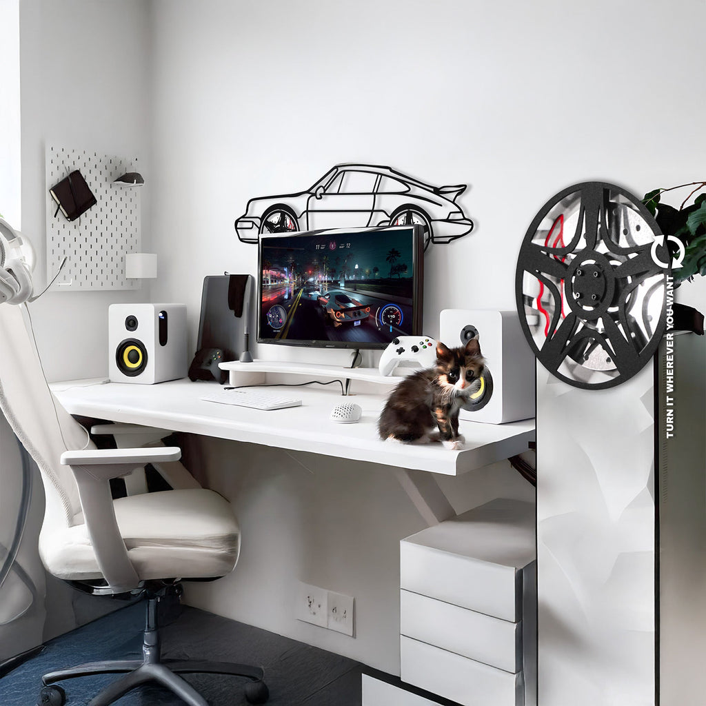 WONDERWALL 'L’Atelier Fun Collection' Classic Porsche 911 Wall Art – Retro Steel Silhouette with Spinning Wheels-KAFMEKA038