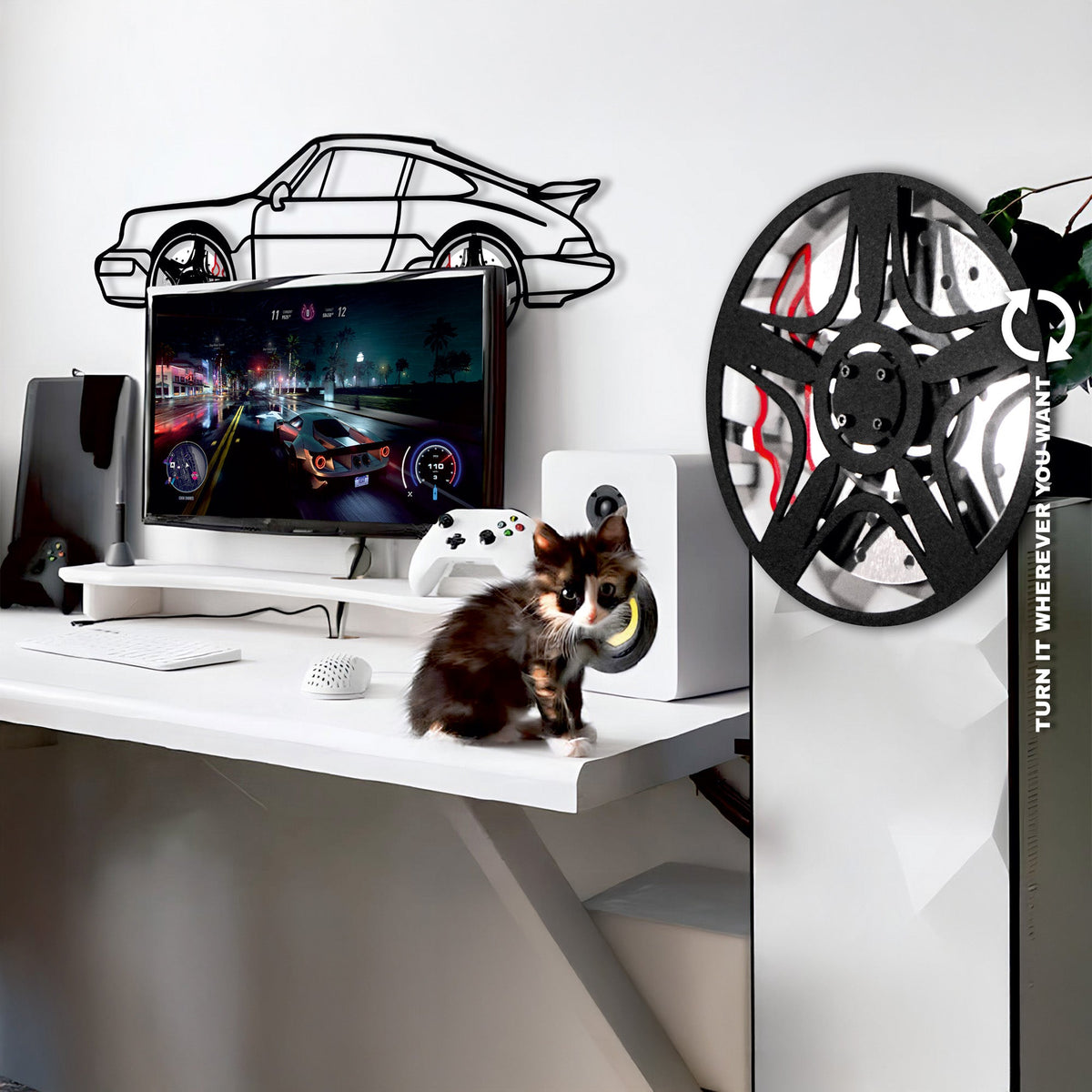 WONDERWALL 'L’Atelier Fun Collection' Classic Porsche 911 Wall Art – Retro Steel Silhouette with Spinning Wheels-KAFMEKA038