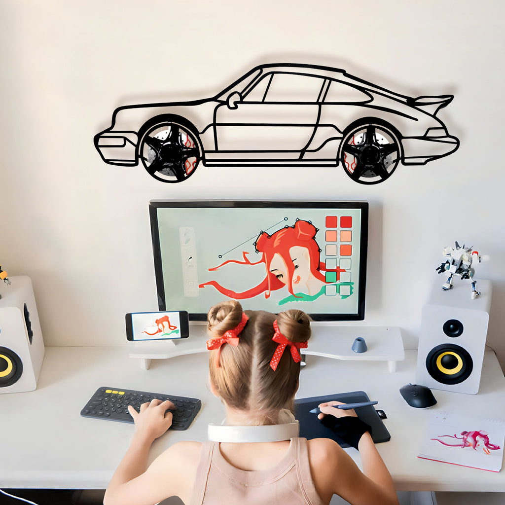 WONDERWALL 'L’Atelier Fun Collection' Classic Porsche 911 Wall Art – Retro Steel Silhouette with Spinning Wheels-KAFMEKA038