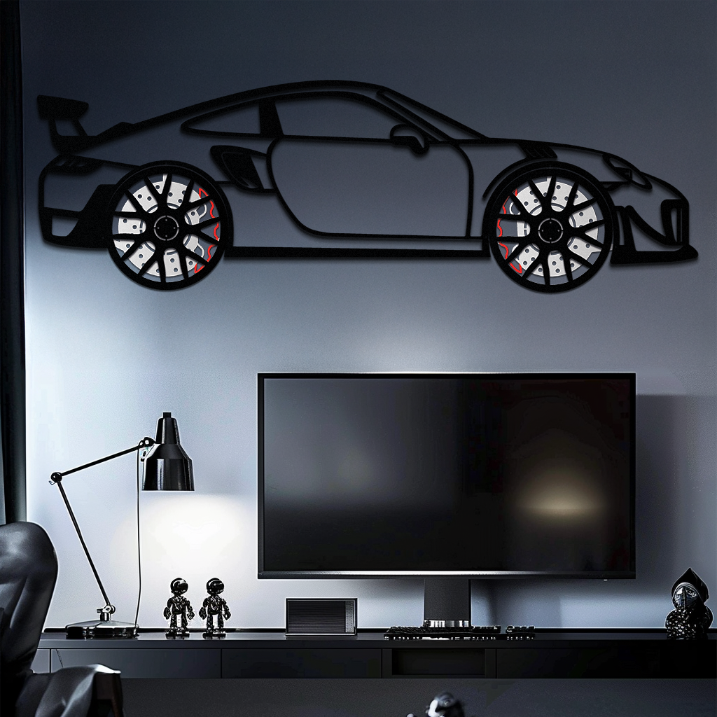 WONDERWALL 'L’Atelier Fun Collection' Porsche 911 GT2 Metal Wall Art – Rotating Wheel Motorsport Silhouette | Premium Gift for Car Enthusiasts ,KAFMEKA050