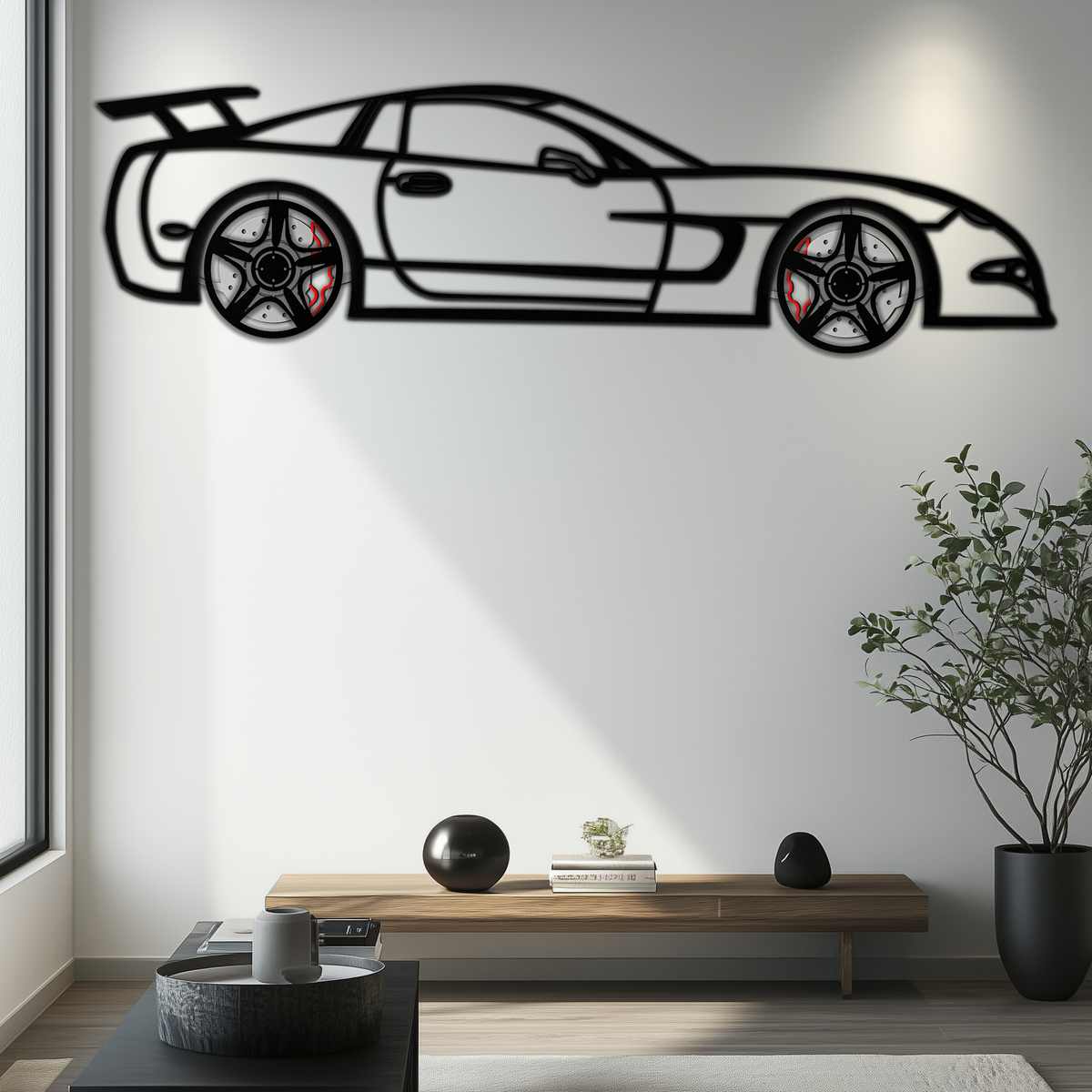 WONDERWALL 'L’Atelier Fun Collection' Chevrolet Corvette C5 Metal Wall Art – Rotating Wheels Sports Car Silhouette Wall Decor Gift-KAFMEKA092