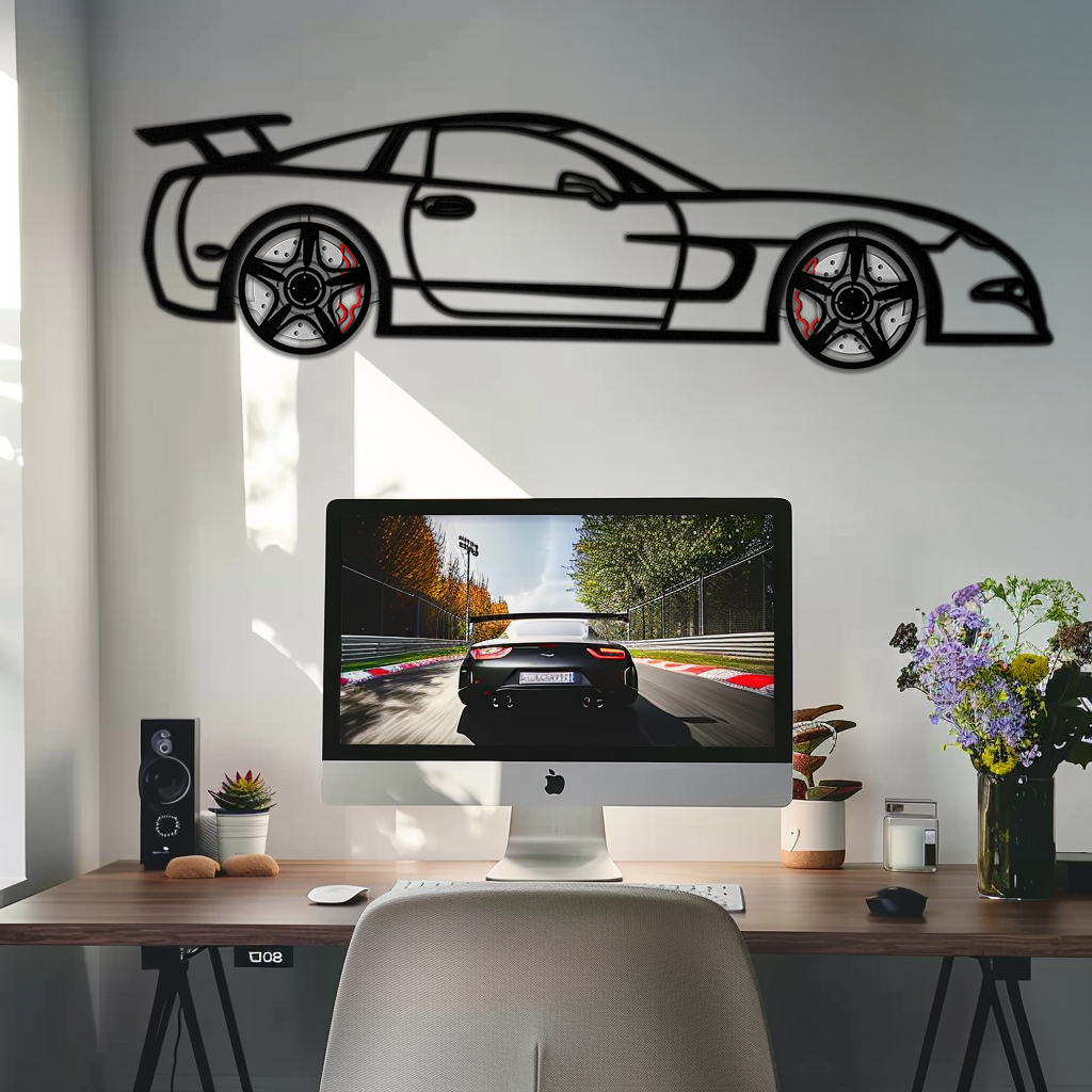 WONDERWALL 'L’Atelier Fun Collection' Chevrolet Corvette C5 Metal Wall Art – Rotating Wheels Sports Car Silhouette Wall Decor Gift-KAFMEKA092