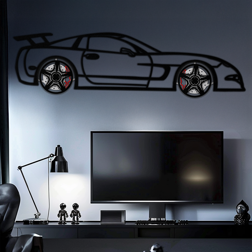 WONDERWALL 'L’Atelier Fun Collection' Chevrolet Corvette C5 Metal Wall Art – Rotating Wheels Sports Car Silhouette Wall Decor Gift-KAFMEKA092