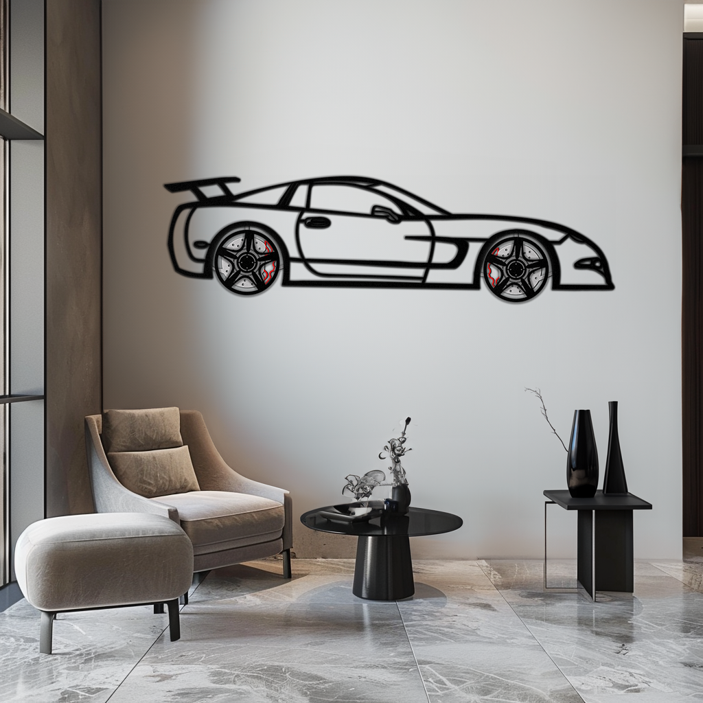 WONDERWALL 'L’Atelier Fun Collection' Chevrolet Corvette C5 Metal Wall Art – Rotating Wheels Sports Car Silhouette Wall Decor Gift-KAFMEKA092