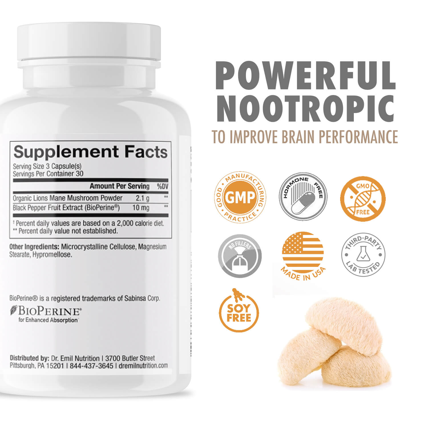 Lions Mane Mushroom Capsules by Dr Emil Nutrition
