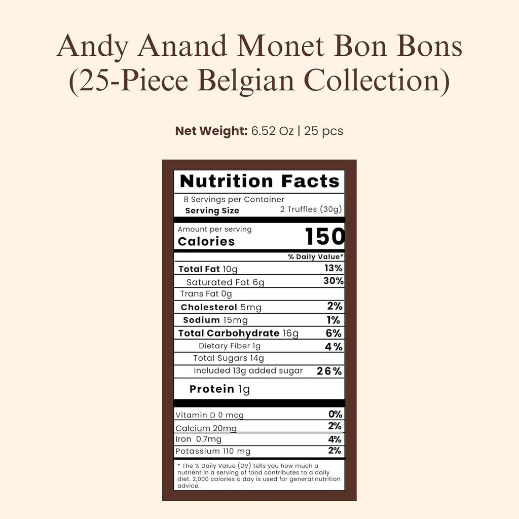 Andy Anand Monet Chocolate Bonbons Gift Box, 25 pc, 6.52 oz – Gluten - Free Belgian Truffles & Pralines, Birthday & Holiday Gift Collection