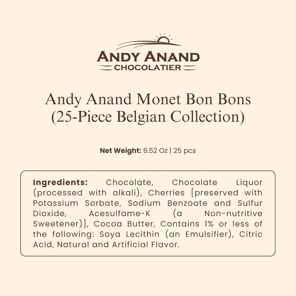 Andy Anand Monet Chocolate Bonbons Gift Box, 25 pc, 6.52 oz – Gluten - Free Belgian Truffles & Pralines, Birthday & Holiday Gift Collection