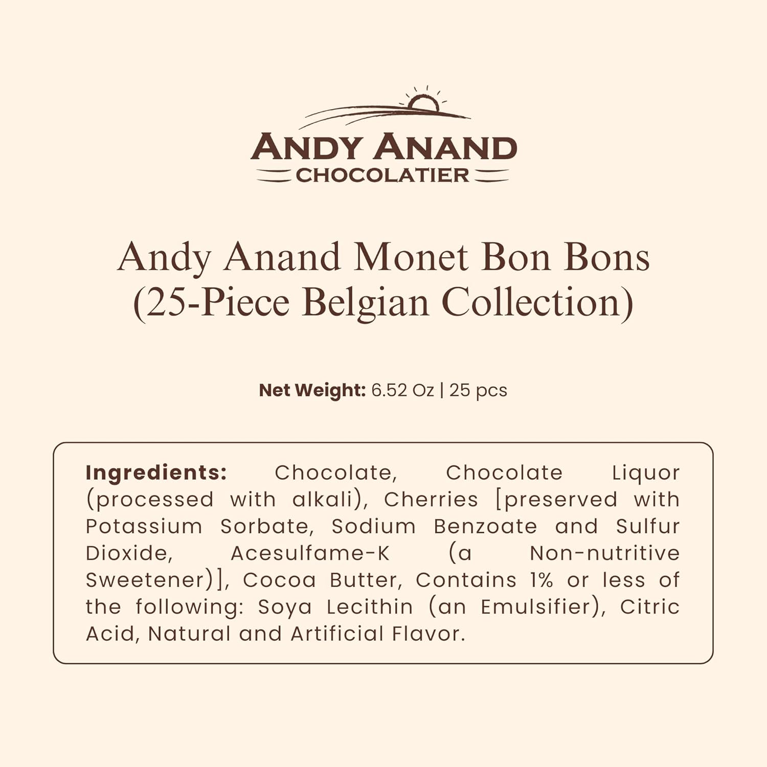 Andy Anand Monet Chocolate Bonbons Gift Box, 25 pc, 6.52 oz – Gluten - Free Belgian Truffles & Pralines, Birthday & Holiday Gift Collection