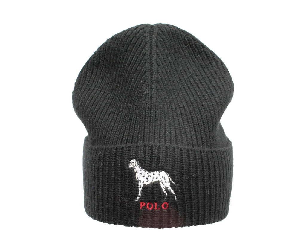 Polo Ralph Lauren Dalmatian Dog Knit Cuffed Beanie Hat Black