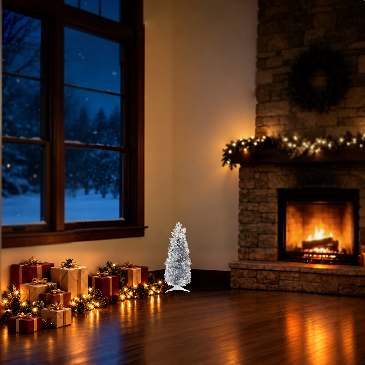 Artificial Christmas tree shown in a holiday room