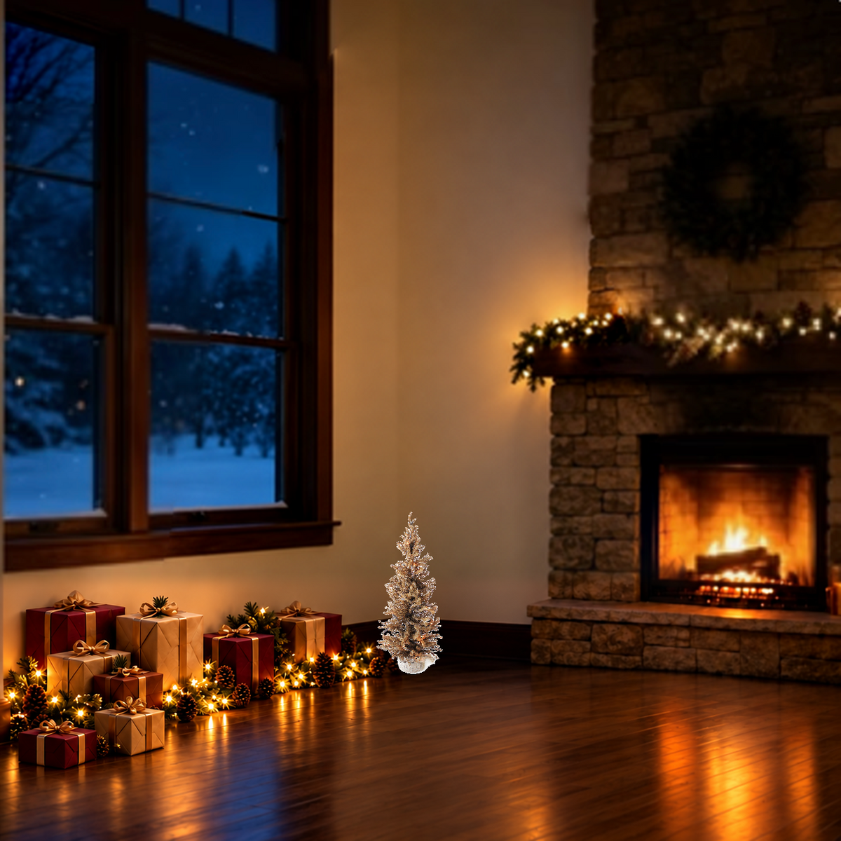 Artificial Christmas tree shown in a holiday room