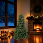 6-Foot Green Artificial Pine Christmas Tree in the WONDERWALL holiday room; source-preserving review image with estimated scale.