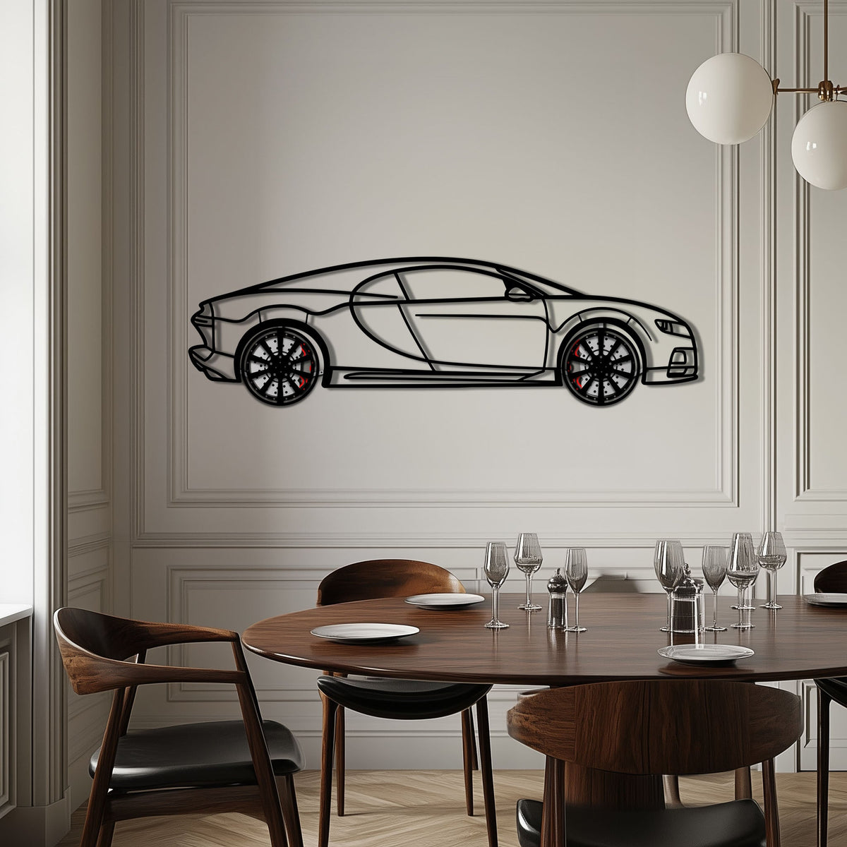 WONDERWALL 'L’Atelier Fun Collection' Bugatti Chiron Metal Car Wall Art with Rotating Wheels - Ultimate Hypercar Silhouette Decor - Interactive Automotive Wall Art - KAFMEKA116