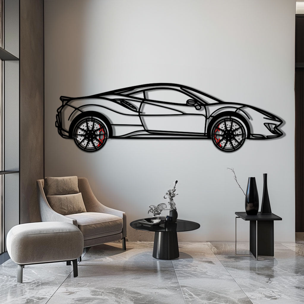 WONDERWALL 'L’Atelier Fun Collection' Ferrari 488 Pista Metal Car Wall Art with Rotating Wheels - Track-Focused Italian V8 Silhouette - Interactive Automotive Wall Decor - KAFMEKA128