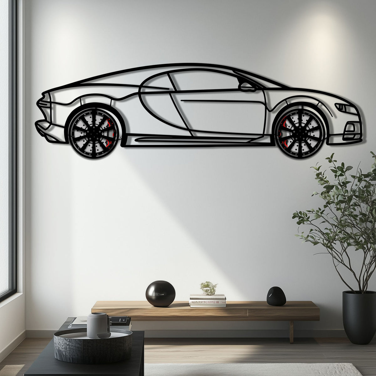 WONDERWALL 'L’Atelier Fun Collection' Bugatti Chiron Metal Car Wall Art with Rotating Wheels - Ultimate Hypercar Silhouette Decor - Interactive Automotive Wall Art - KAFMEKA116