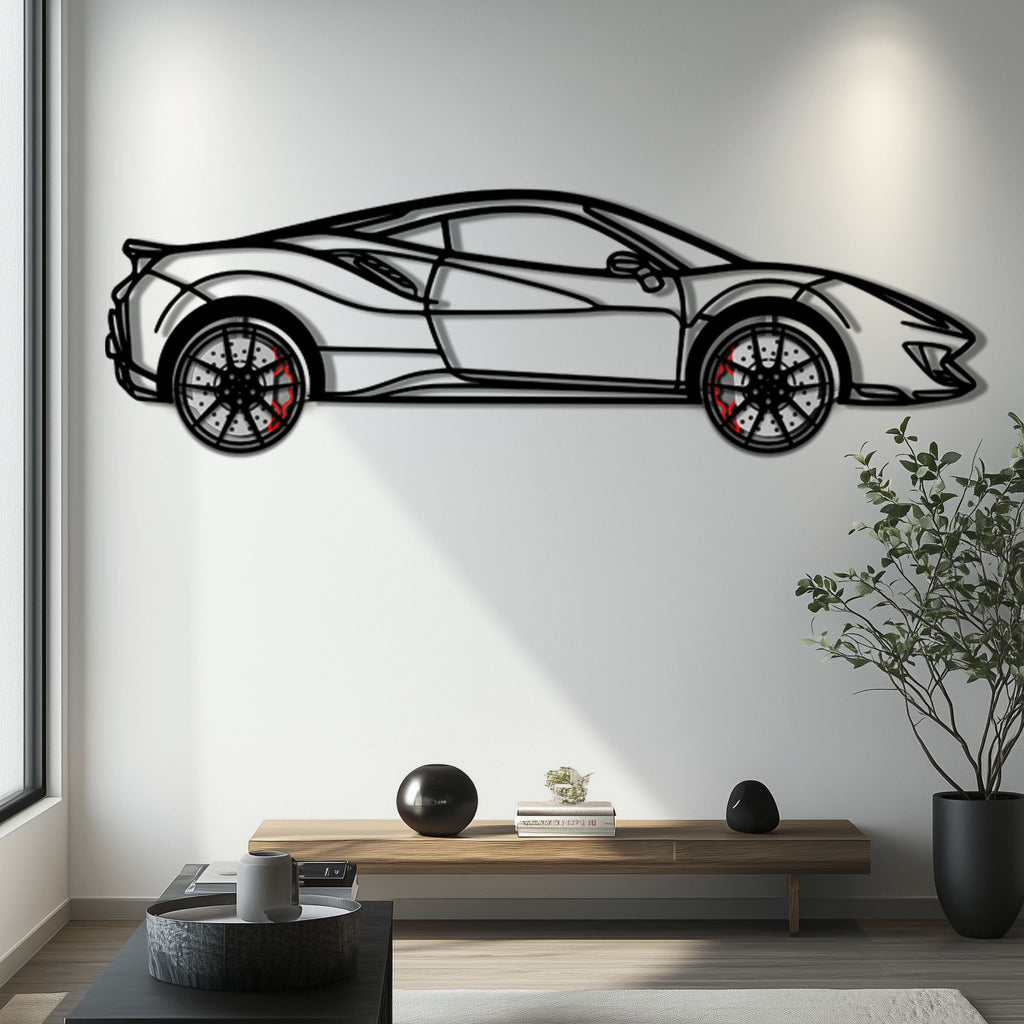 WONDERWALL 'L’Atelier Fun Collection' Ferrari 488 Pista Metal Car Wall Art with Rotating Wheels - Track-Focused Italian V8 Silhouette - Interactive Automotive Wall Decor - KAFMEKA128