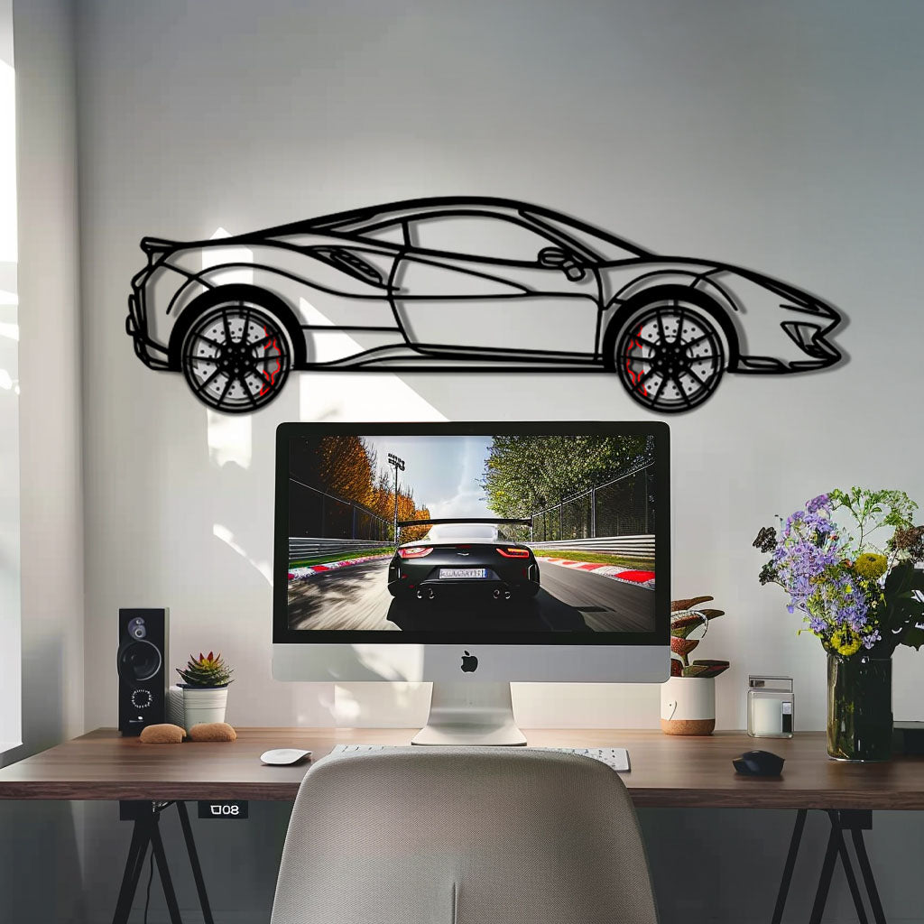 WONDERWALL 'L’Atelier Fun Collection' Ferrari 488 Pista Metal Car Wall Art with Rotating Wheels - Track-Focused Italian V8 Silhouette - Interactive Automotive Wall Decor - KAFMEKA128