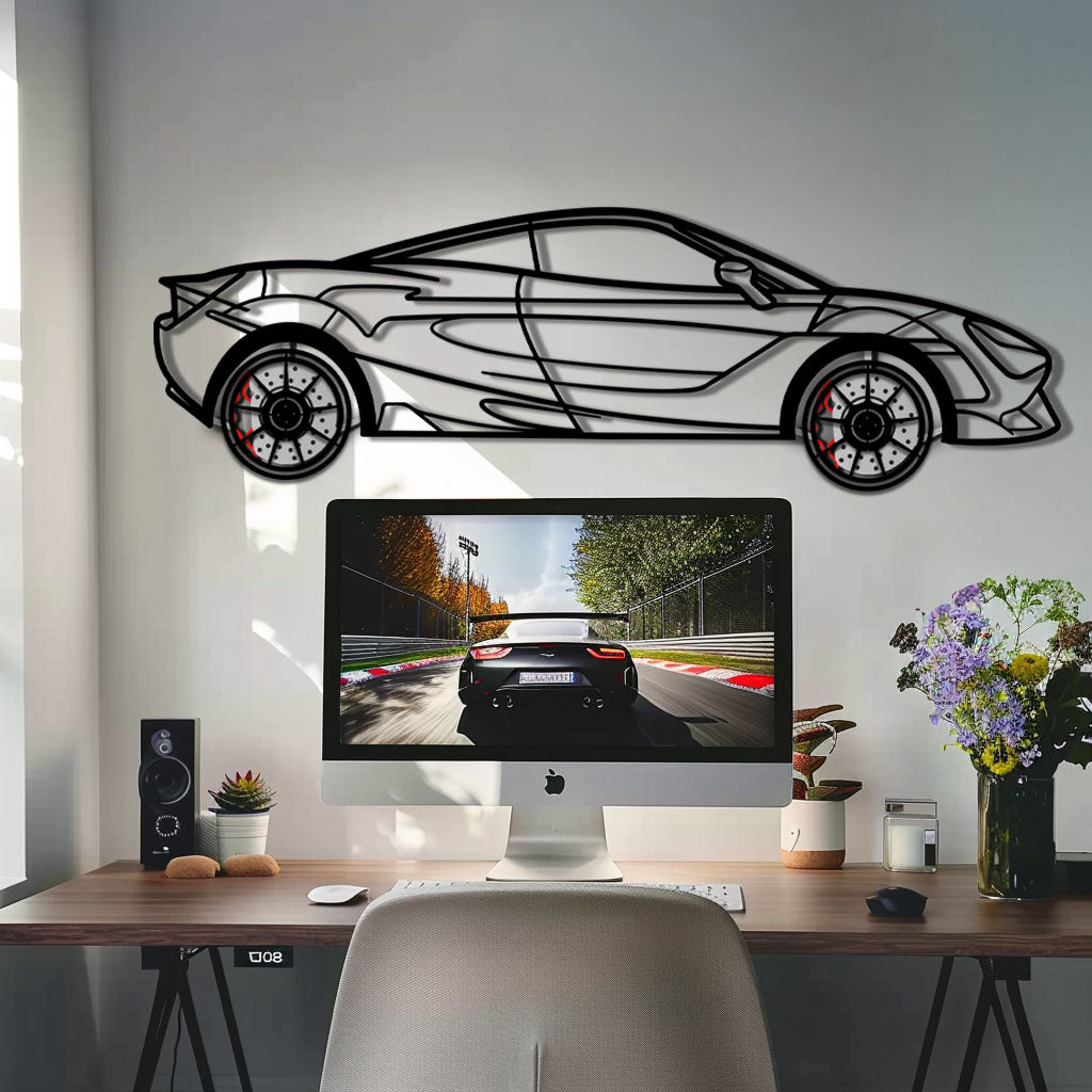 WONDERWALL 'L’Atelier Fun Collection' McLaren 720S Metal Car Wall Art with Rotating Wheels - British Supercar Silhouette - Interactive Automotive Wall Decor - KAFMEKA149