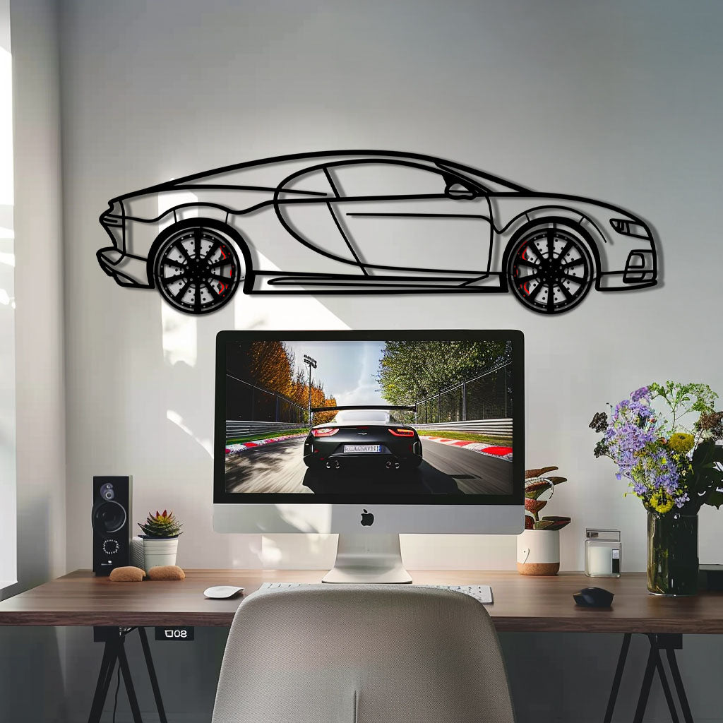 WONDERWALL 'L’Atelier Fun Collection' Bugatti Chiron Metal Car Wall Art with Rotating Wheels - Ultimate Hypercar Silhouette Decor - Interactive Automotive Wall Art - KAFMEKA116