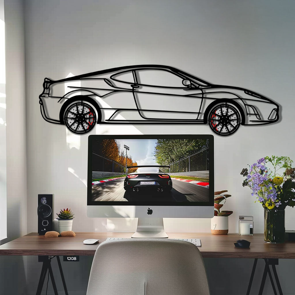 WONDERWALL 'L’Atelier Fun Collection' Ferrari F430 Scuderia Metal Car Wall Art with Rotating Wheels - Track-Focused V8 Silhouette - Interactive Automotive Wall Art - KAFMEKA133
