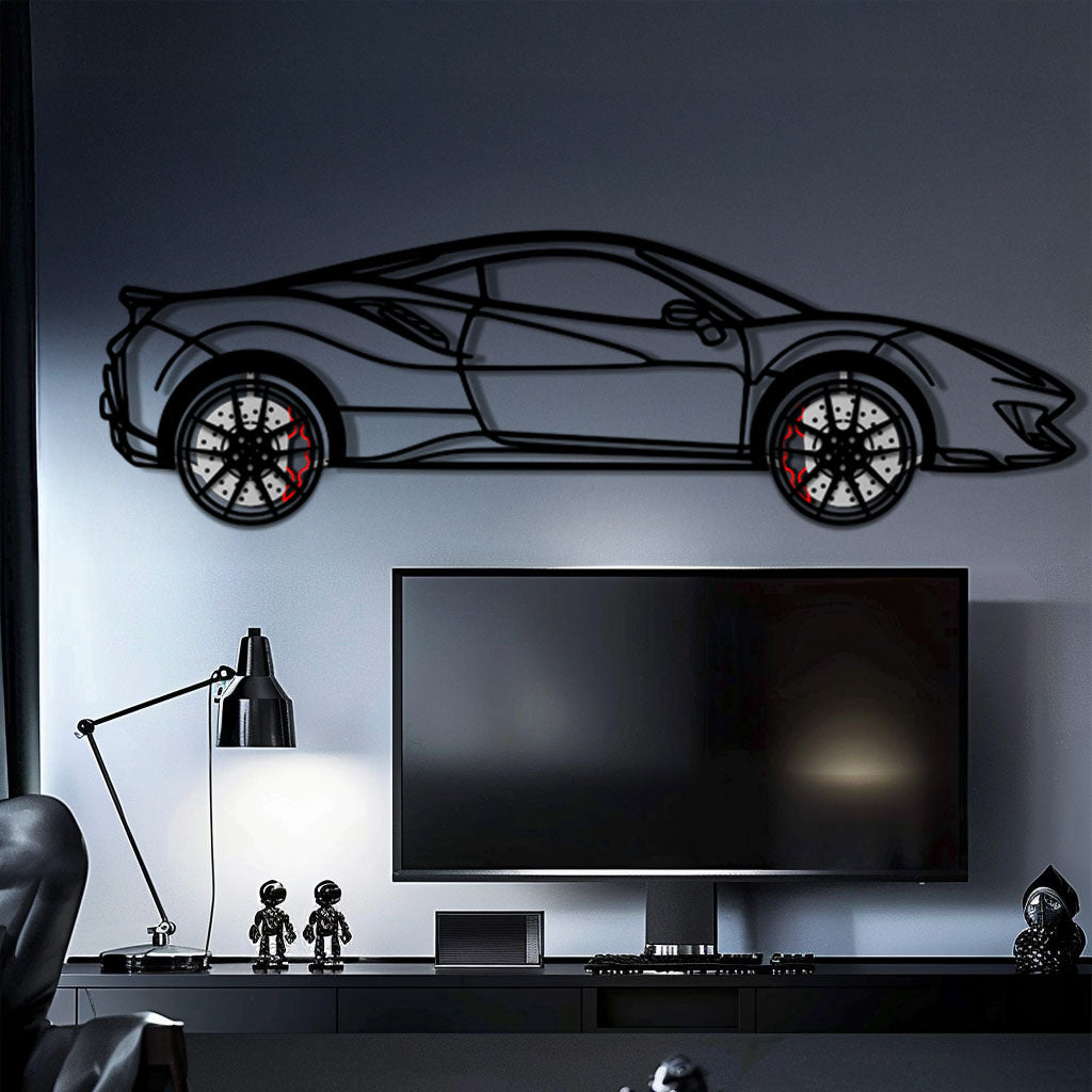 WONDERWALL 'L’Atelier Fun Collection' Ferrari 488 Pista Metal Car Wall Art with Rotating Wheels - Track-Focused Italian V8 Silhouette - Interactive Automotive Wall Decor - KAFMEKA128