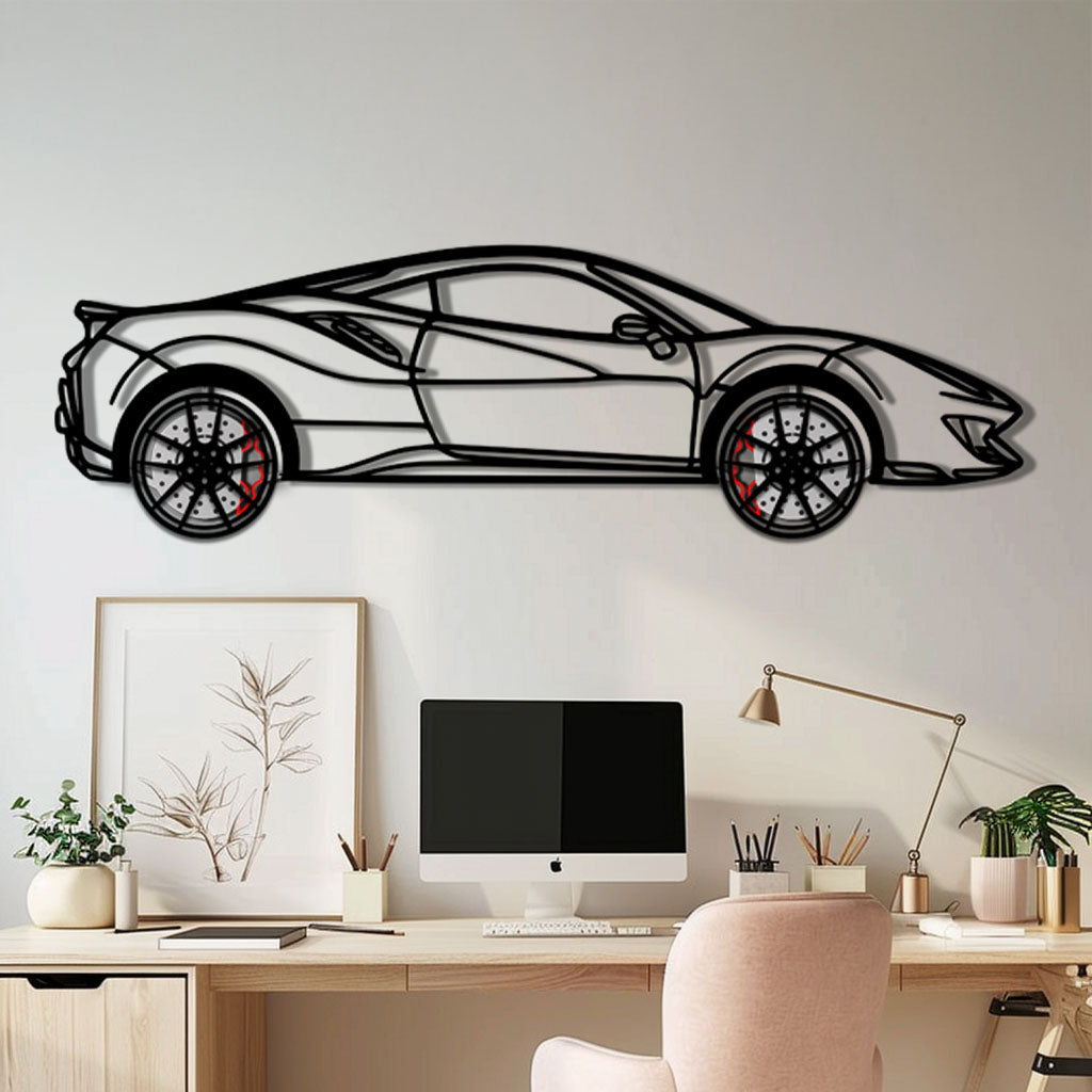 WONDERWALL 'L’Atelier Fun Collection' Ferrari 488 Pista Metal Car Wall Art with Rotating Wheels - Track-Focused Italian V8 Silhouette - Interactive Automotive Wall Decor - KAFMEKA128