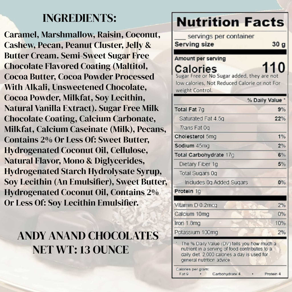 Andy Anand Sugar - Free Chocolate Sampler, 13 oz – Diabetic - Friendly, Assorted Gourmet Flavors, Guilt - Free Indulgence, Birthday & Holiday Gift