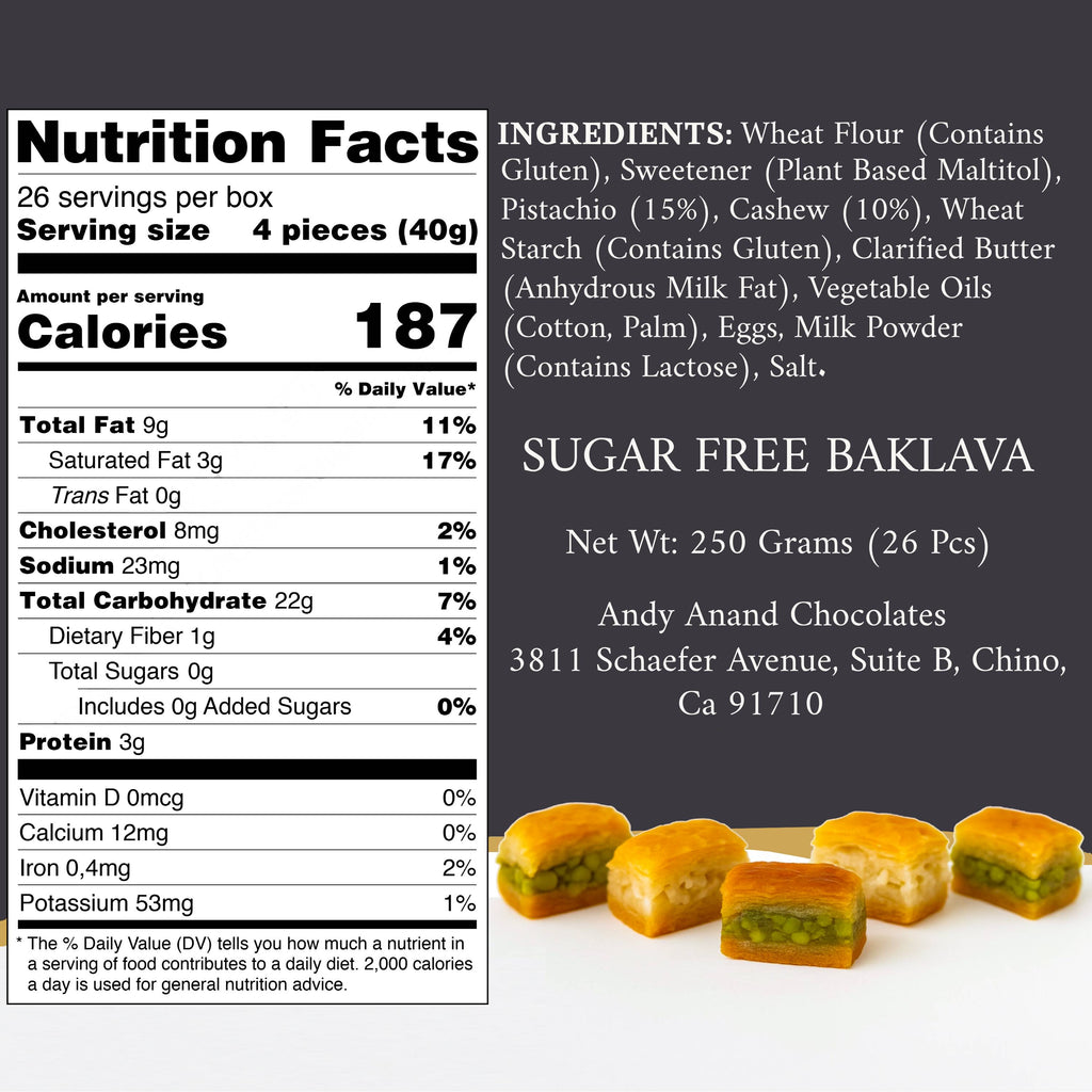 Andy Anand Sugar - Free Turkish Baklava, 26 pc, 8.8 oz – Pistachio, Walnut & Hazelnut, Flaky Phyllo, Diabetic - Friendly Birthday Gift Box
