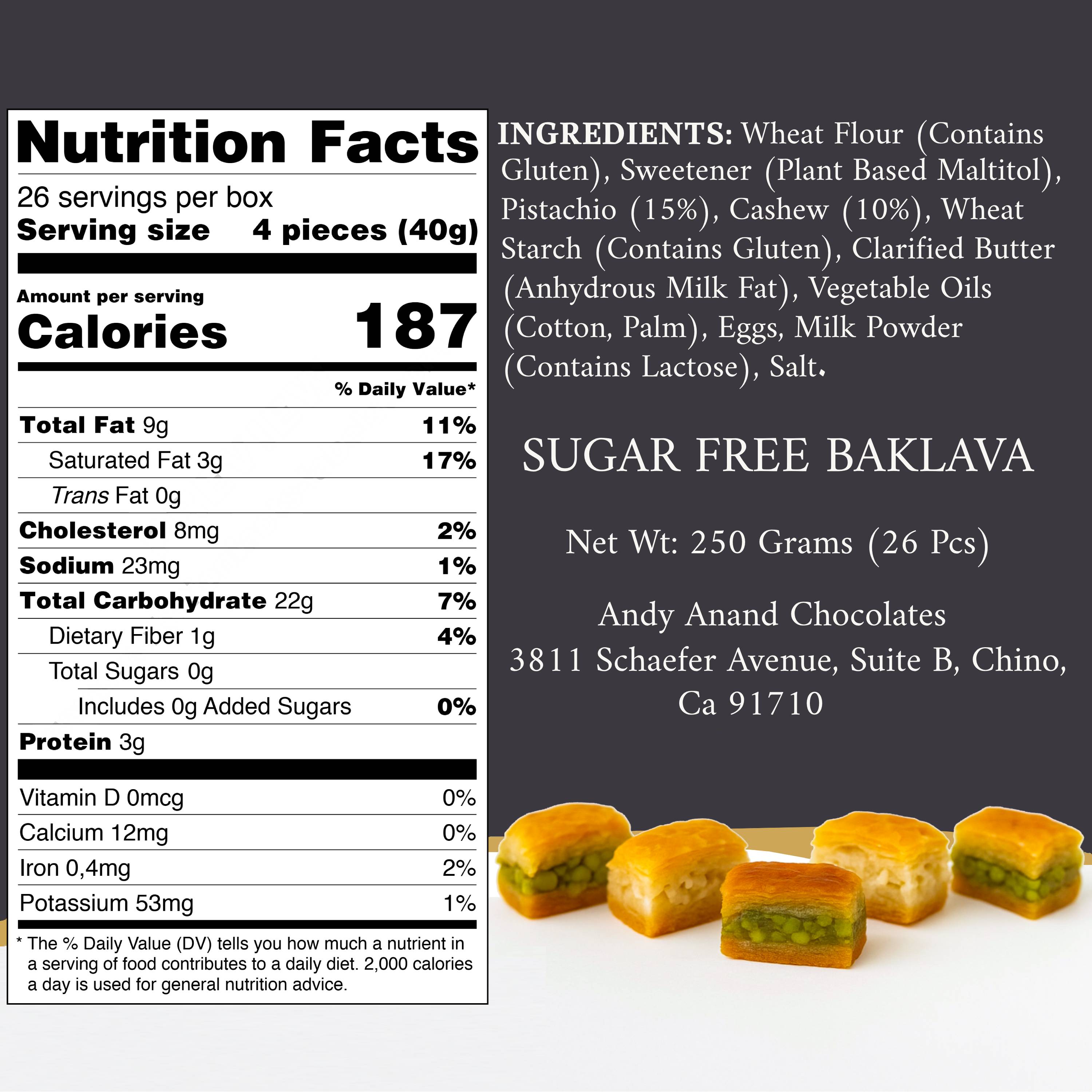 Andy Anand Sugar - Free Turkish Baklava, 26 pc, 8.8 oz – Pistachio, Walnut & Hazelnut, Flaky Phyllo, Diabetic - Friendly Birthday Gift Box