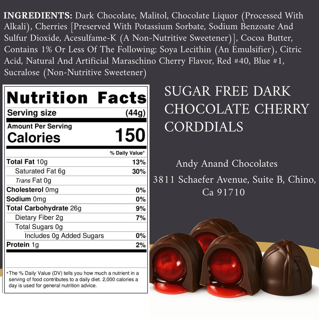 Andy Anand Sugar - Free Cherry Cordial Dark Chocolate Truffles, 48 pc – Vegan, 60% Cocoa Butter, Diabetic - Friendly Valentine's & Birthday Gift