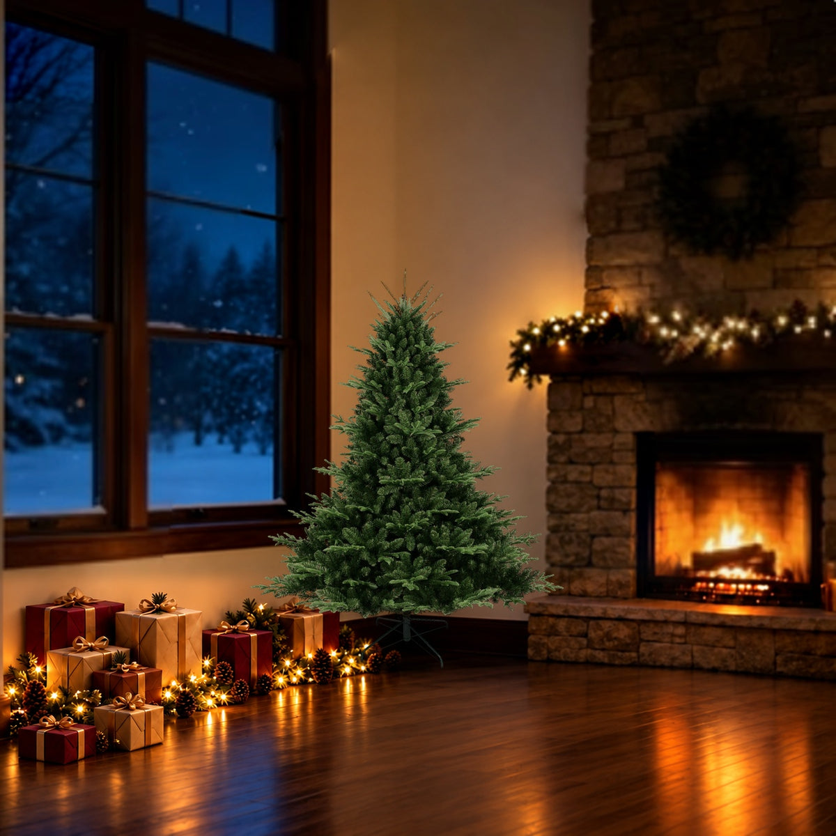 5-foot artificial Christmas tree with included stand in a holiday room