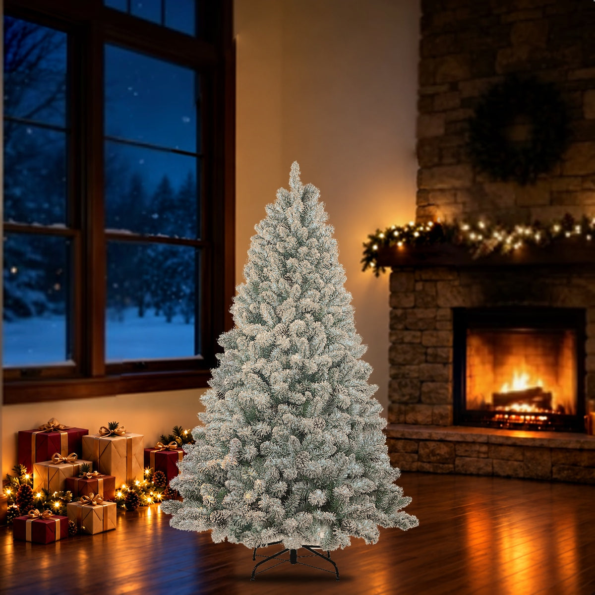 Artificial Christmas tree with included stand in a holiday room