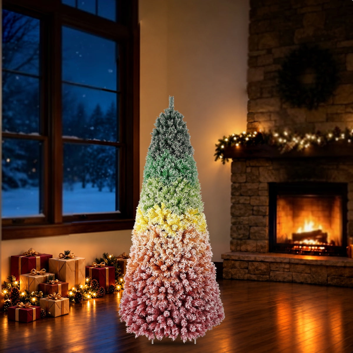 Artificial Christmas tree shown in a holiday room