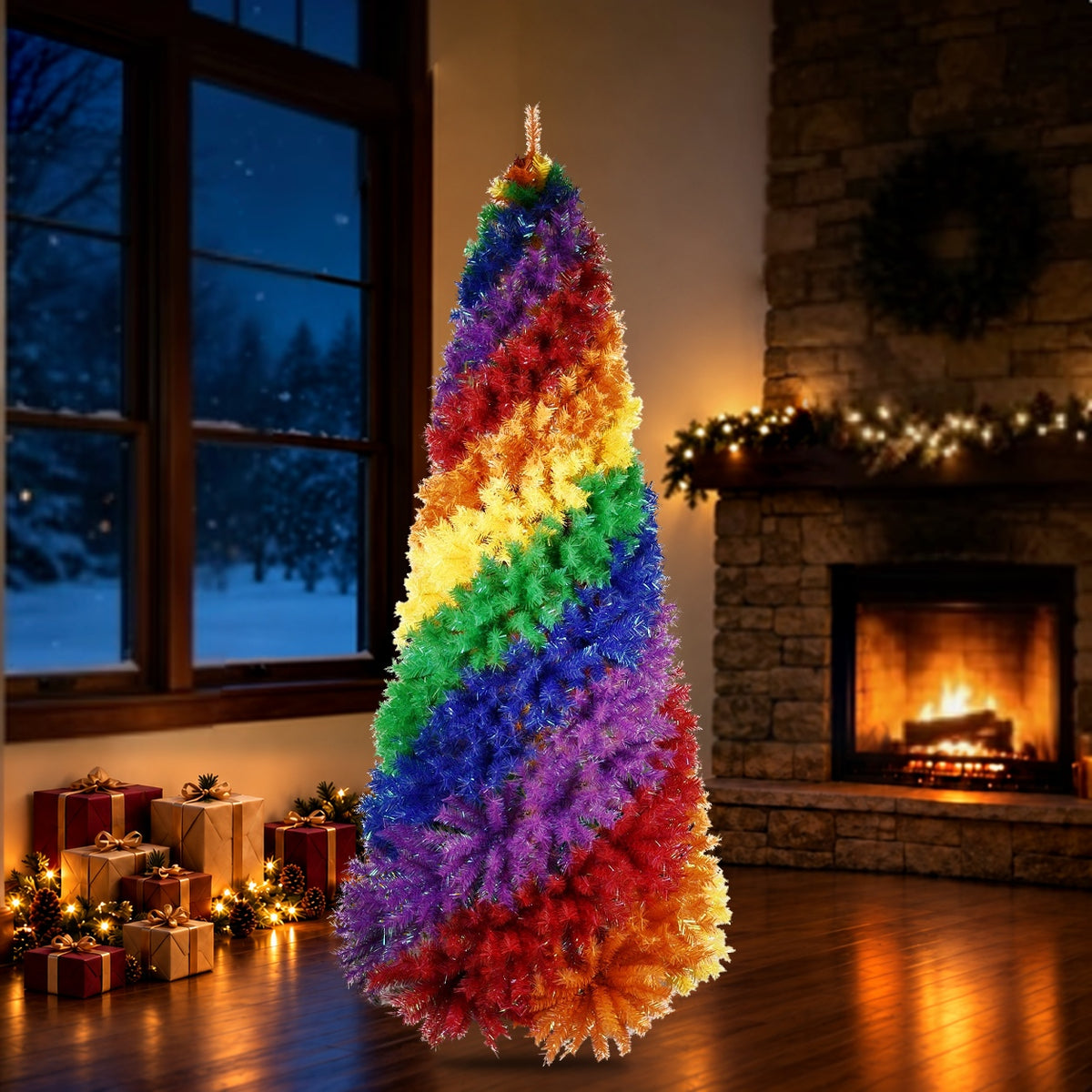 Artificial Christmas tree shown in a holiday room