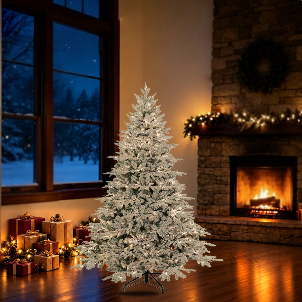 6-foot artificial Christmas tree with included stand in a holiday room