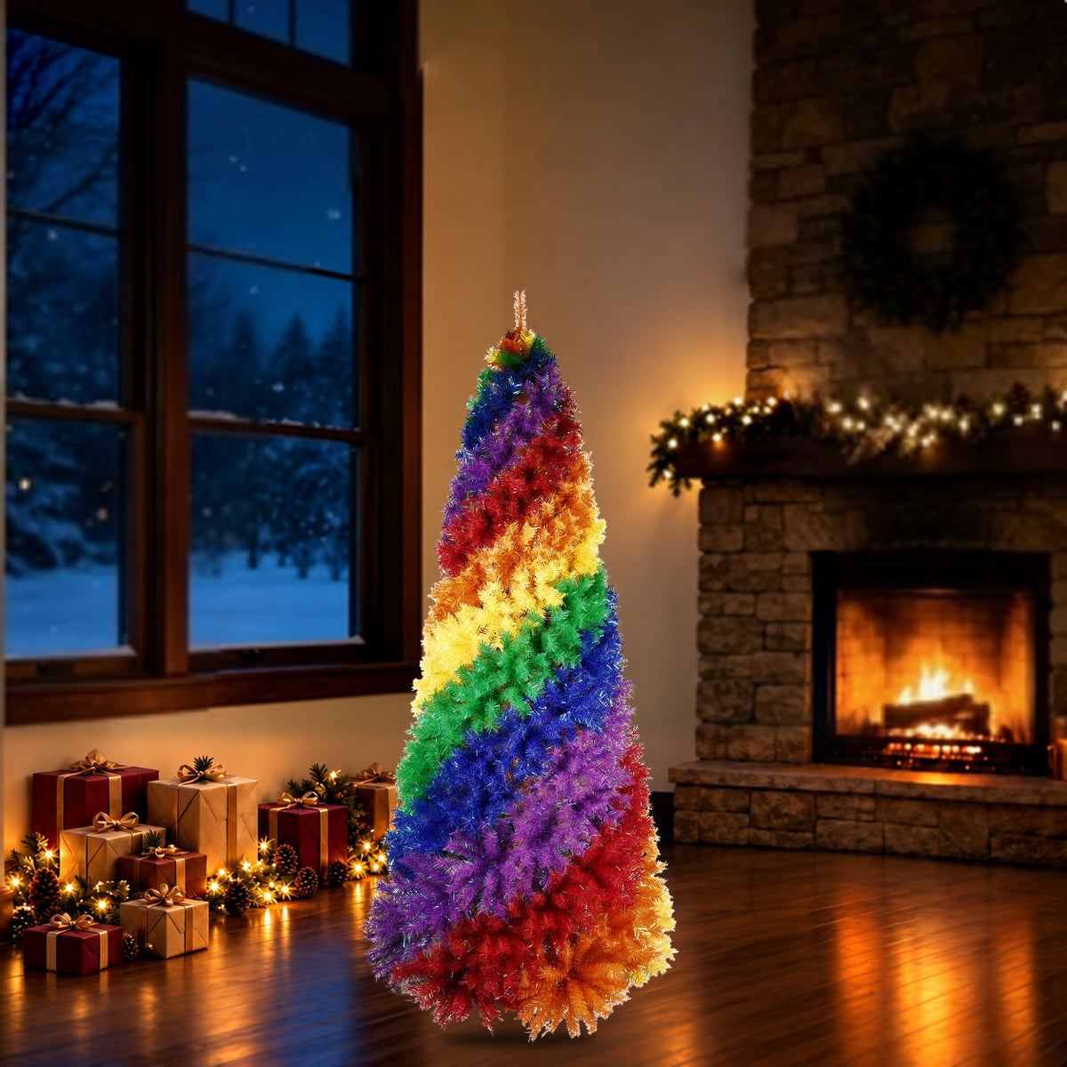 Artificial Christmas tree shown in a holiday room