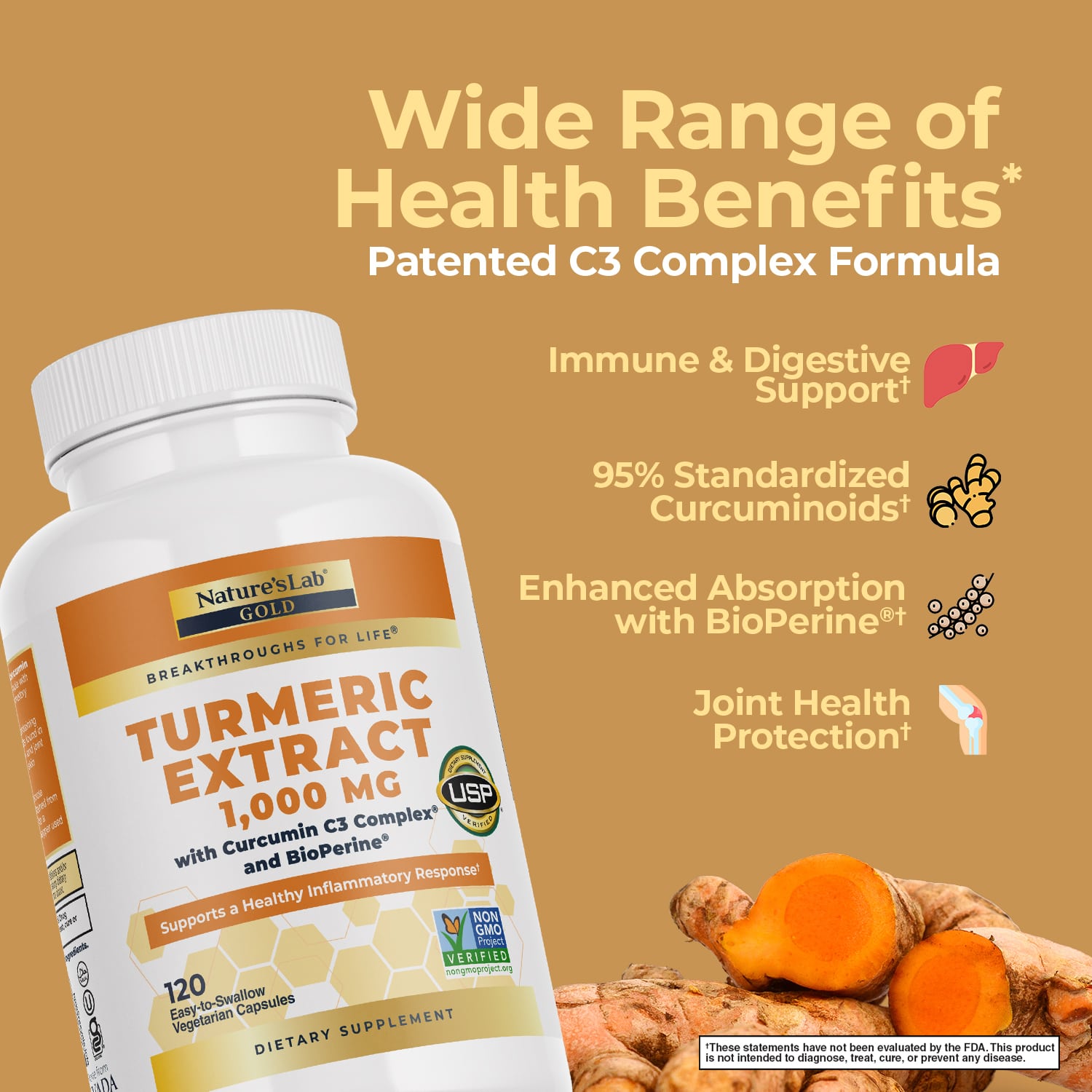 Gold Turmeric Extract with Curcumin C3 Complex and BioPerine  - 120 Capsules