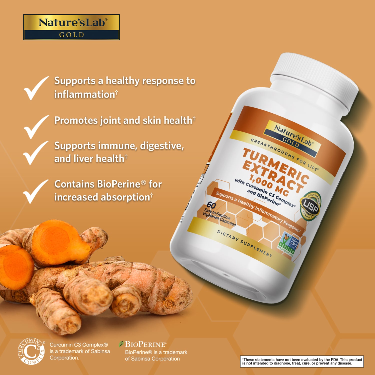 Gold Turmeric Extract with Curcumin C3 and BioPerine - 60 capsules