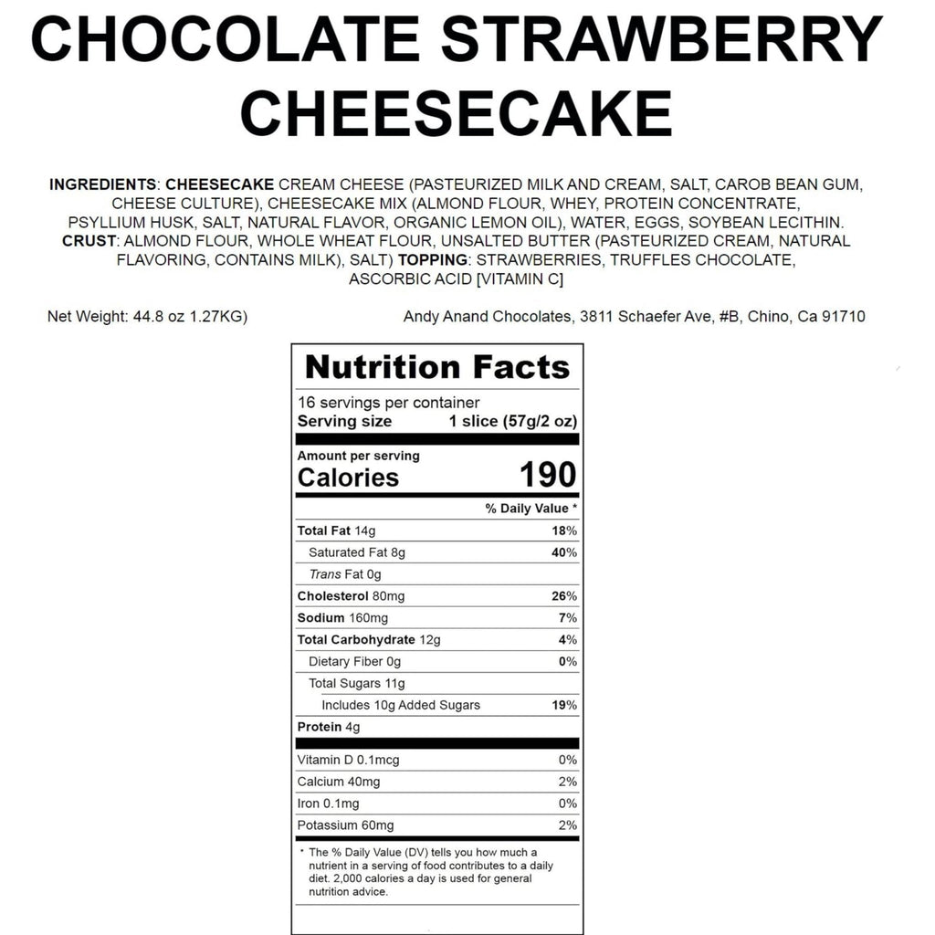 Andy Anand Chocolate Strawberry Cheesecake, 9 - Inch, 2.8 lb – Real Chocolate Truffles, California Cream Cheese, No Preservatives Gift Box